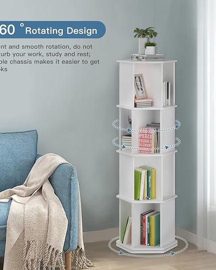 4 Tier Rotating Bookshelf, Wooden Spinning Bookshelf Tower, 360 Display Revolving Bookshelf Floor Standing Corner Narrow Revolving Bookcase for Living Room, Bedroom, White - LeafyLoom