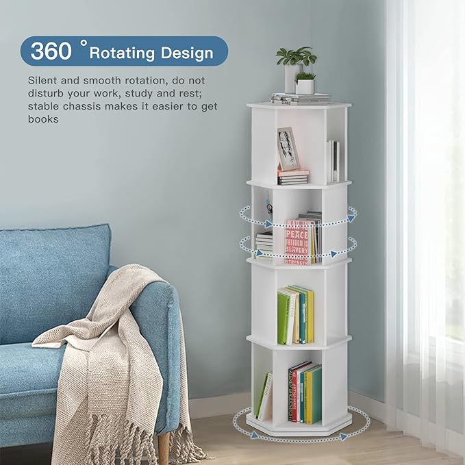 4 Tier Rotating Bookshelf, Wooden Spinning Bookshelf Tower, 360 Display Revolving Bookshelf Floor Standing Corner Narrow Revolving Bookcase for Living Room, Bedroom, White - LeafyLoom