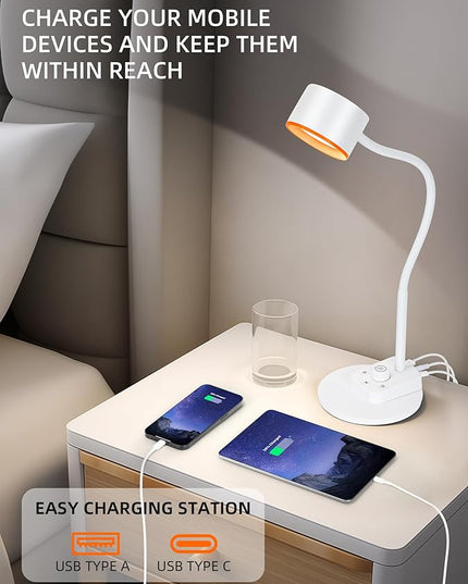 LED Desk Lamp, 1200LM for Home Office, Fully Dimmable Bedside Reading Lamp with USB C + A Charging Ports, 5 Colors, 12W Gooseneck Lamp, Metal Small Table Lamps for Bedroom Living Room White - LeafyLoom