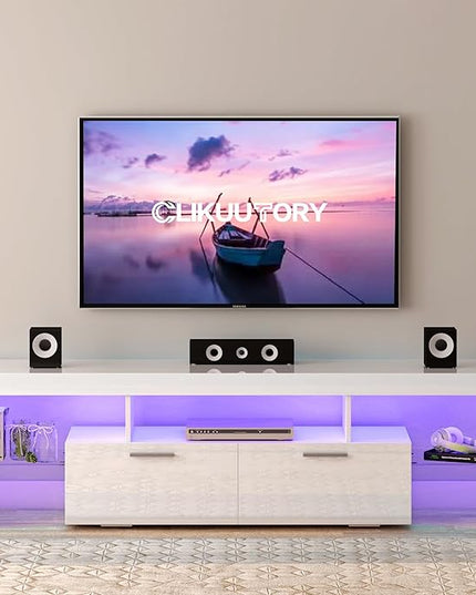 Clikuutory Modern LED 71 inch long TV Stand with Storage Drawer for 50 55 60 65 70 75 80 Inch TVs, White Wood TV Console with High Glossy Entertainment Center for Gaming, Living Room, Bedroom - LeafyLoom