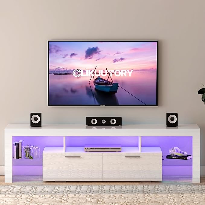 Clikuutory Modern LED 71 inch long TV Stand with Storage Drawer for 50 55 60 65 70 75 80 Inch TVs, White Wood TV Console with High Glossy Entertainment Center for Gaming, Living Room, Bedroom - LeafyLoom