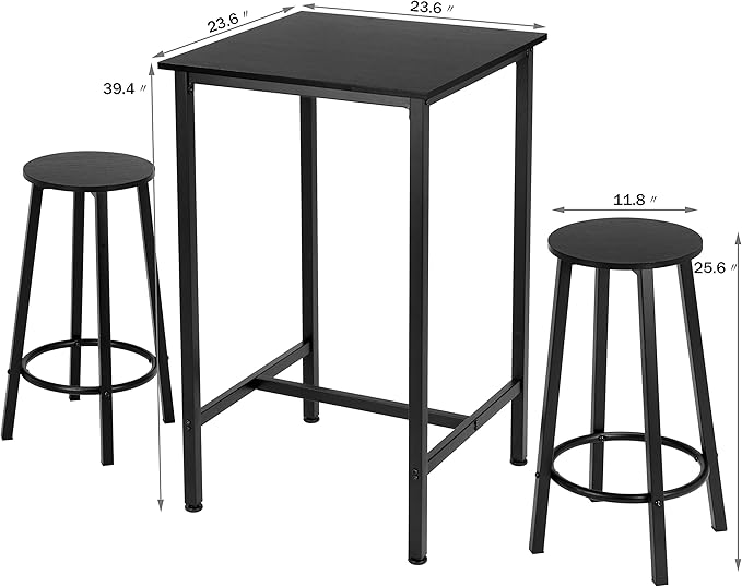 Finnhomy Bar Table Set, 23.6" Pub Table High Top Table, Square Bar Height Table, Bar Table with Stools, Kitchen Table Set for 2, Industrial Breakfast for Kitchen, Living Room, Rustic Black - LeafyLoom