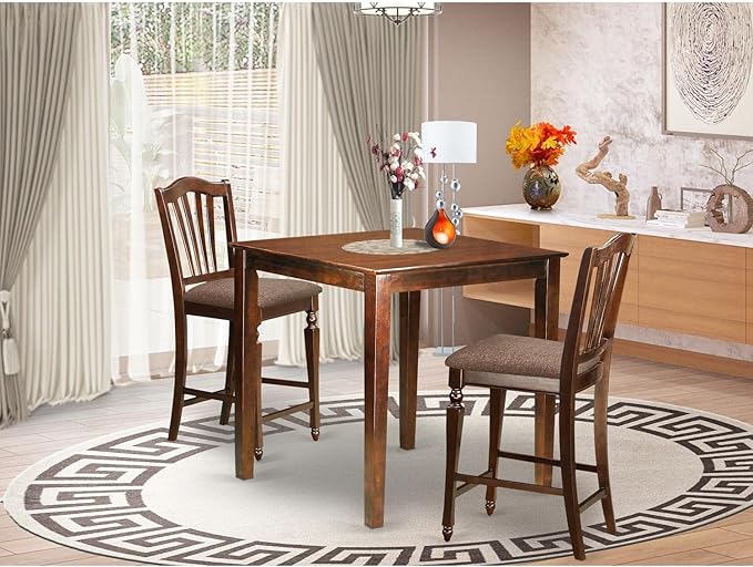 East West Furniture VNCH3-MAH-C Vernon 3 Piece Kitchen Counter Height Dining Set Contains a Square Pub Table and 2 Linen Fabric Upholstered Chairs, 36x36 Inch, Mahogany - LeafyLoom