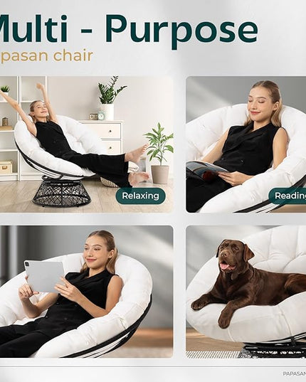 Bme 40" Ergonomic Wicker Papasan Chair with Soft Thick Density Fabric Cushion, High Capacity Steel Frame, 360 Degree Swivel for Living, Bedroom, Reading Room, Lounge - LeafyLoom