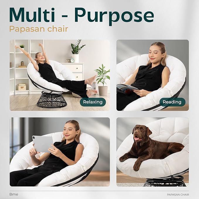 Bme 40" Ergonomic Wicker Papasan Chair with Soft Thick Density Fabric Cushion, High Capacity Steel Frame, 360 Degree Swivel for Living, Bedroom, Reading Room, Lounge - LeafyLoom