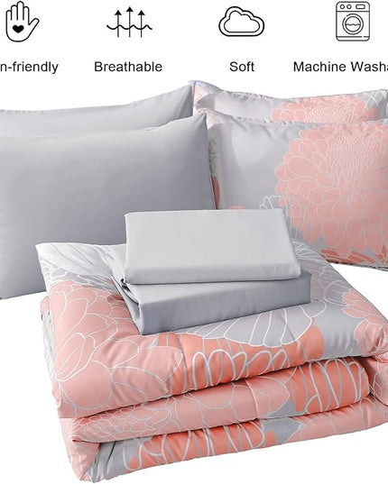 Yiran 7 Pieces Blush Grey Comforter Set Floral Bed in a Bag Soft Microfiber Comforter Bedding Set Queen Size 90"×90"(1 Comforter,2 Pillowcases,2 Pillow Shams,1 Flat Sheet,1 Fitted Sheet) - LeafyLoom