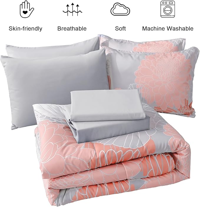 Yiran 7 Pieces Blush Grey Comforter Set Floral Bed in a Bag Soft Microfiber Comforter Bedding Set Queen Size 90"×90"(1 Comforter,2 Pillowcases,2 Pillow Shams,1 Flat Sheet,1 Fitted Sheet) - LeafyLoom