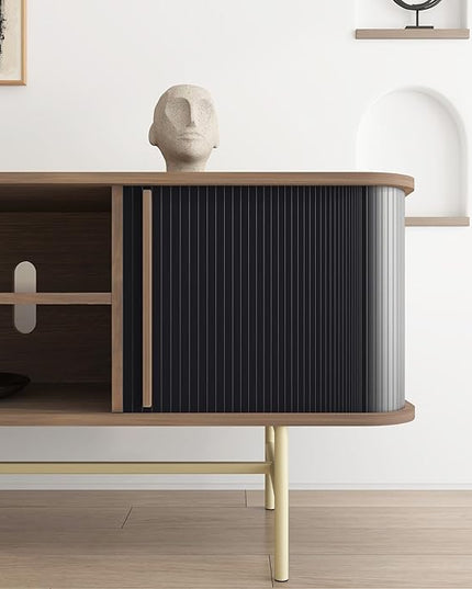 roomfitters Sideboard Buffet Cabinet with Sliding Doors, Mid Century Modern Credenza with 2 Tambour Doors, Minimalist Accent Storage Cabinet for Living Room, Media Console with Storage, Walnut Black - LeafyLoom