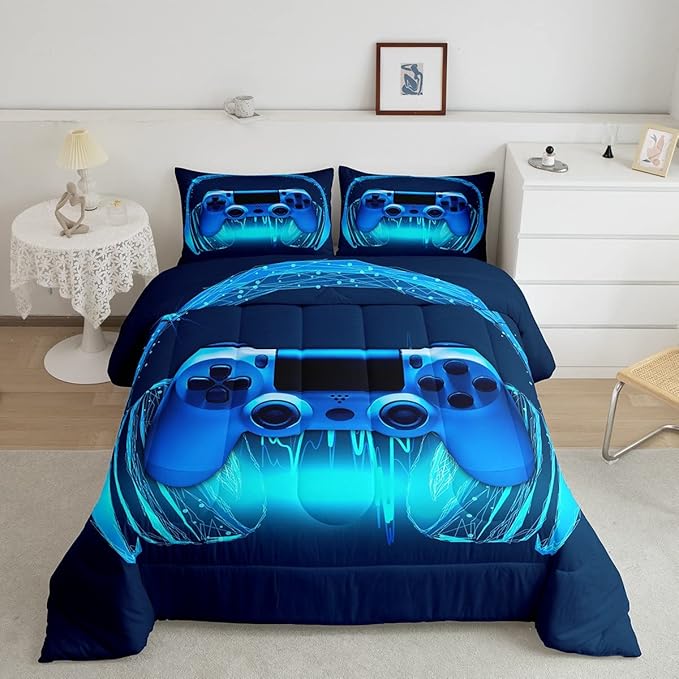 Gamer Comforter Set Full Size,Blue Headphones Musical Design Games Gamepad Bedding Set for Kids Boys Video Game Room Decor Retro Playing Gamer Down Comforter Gaming Controller Quilted Duvet Set - LeafyLoom