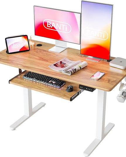 BANTI 48" x 24" Height Adjustable Electric Standing Desk with Keyboard Tray, Sit Stand up Desk with Splice Board, White Frame/Light Rustic Brown Top - LeafyLoom