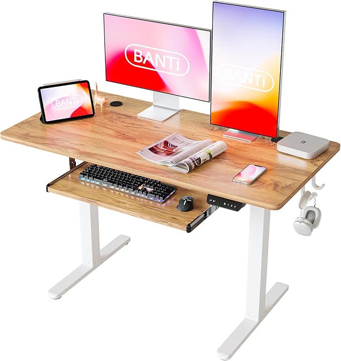 BANTI 48" x 24" Height Adjustable Electric Standing Desk with Keyboard Tray, Sit Stand up Desk with Splice Board, White Frame/Light Rustic Brown Top - LeafyLoom