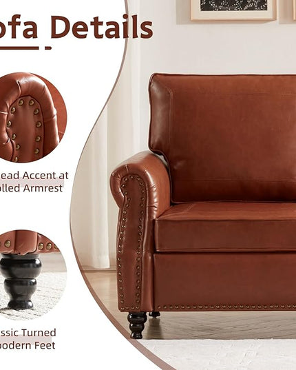 Dreamsir 79'' Traditional Faux Leather Sofa, 3 Seater Couch with Nailhead Trim and Rolled Arms, Classic Couches for Living Room, Bedroom, Apartment, Easy Assembly（Reddish Brown） - LeafyLoom