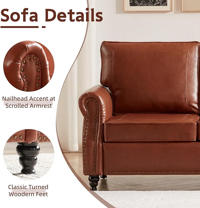Dreamsir 79'' Traditional Faux Leather Sofa, 3 Seater Couch with Nailhead Trim and Rolled Arms, Classic Couches for Living Room, Bedroom, Apartment, Easy Assembly（Reddish Brown） - LeafyLoom