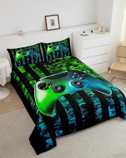 Gamer Comforter Set Queen Kids Boys Teens Usa Flag Stars Down Comforter Gaming Comforter Gamer Room Decor Camo Video Game Bedding Set, Gamepad Console Duvet, Youth Young Man Quilt, Grunge Style - LeafyLoom