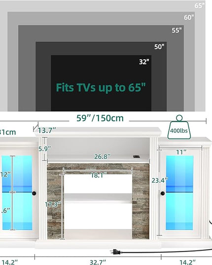 YITAHOME TV Stand for 65 55 Inch TV with LED Light & Power Outlets, 30'' Tall Highboy Entertainment Center TV Cabinets w/Glass Doors, Mid Century Modern TV Media Console Table for Living Room, White - LeafyLoom
