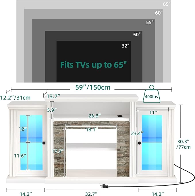 YITAHOME TV Stand for 65 55 Inch TV with LED Light & Power Outlets, 30'' Tall Highboy Entertainment Center TV Cabinets w/Glass Doors, Mid Century Modern TV Media Console Table for Living Room, White - LeafyLoom