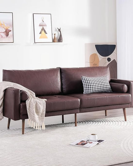Vonanda Faux Leather Sofa Couch, Mid-Century 73 Inch 3 Seater Leather Couch with Wood Grain Metal Legs and Bolster Pillows for Living Room,Elegant Brown - LeafyLoom