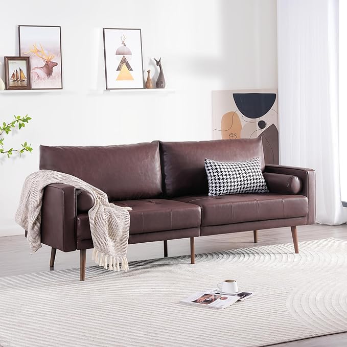 Vonanda Faux Leather Sofa Couch, Mid-Century 73 Inch 3 Seater Leather Couch with Wood Grain Metal Legs and Bolster Pillows for Living Room,Elegant Brown - LeafyLoom
