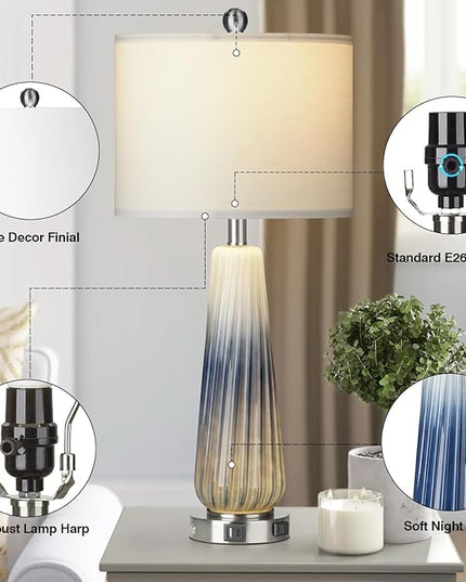 28" Glass Table Lamp Set of 2, Modern Table Lamps with USB A+C Ports & AC Outlet, Touch Control Bedside Nightstand Lamp with LED Night Light & White Fabric Shade for Living Room Blue(4 Bulbs Included) - LeafyLoom