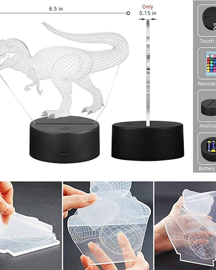 VSATEN 3D Dinosaur Night Light for Kids, 3D Illusion Lamp 3-Pattern & 16 Colors Change Decor Lamp with Remote Control & Smart Touch, Dinosaur Toys for 2 3 4 5 6+ Years Old - LeafyLoom