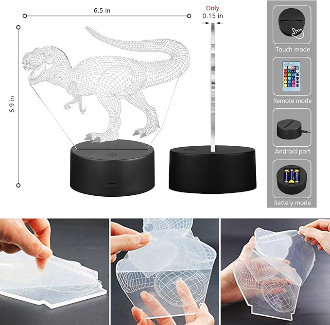 VSATEN 3D Dinosaur Night Light for Kids, 3D Illusion Lamp 3-Pattern & 16 Colors Change Decor Lamp with Remote Control & Smart Touch, Dinosaur Toys for 2 3 4 5 6+ Years Old - LeafyLoom