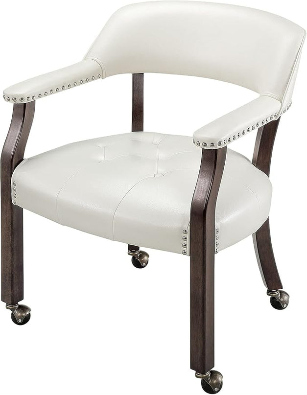 Large Dining Chairs with Casters and Arms, Rolling Dining Chairs with Wheels, Accent Solid Wood Boss Caption's Chairs, 26" D x 25.2" W x 31.5" H, Espresso Legs & Ivory PU SY-318-WT - LeafyLoom
