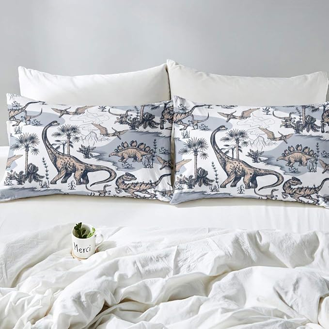 Erosebridal Kids Dinosaur Comforter Set,Dino Palm Tree Bedding Set King Size for Boys girls Teens Adult Bedroom,Ancient Animal Duvet Sets Mountain Tropical Botanical Quilted Duvet with 2 Pillow Cases - LeafyLoom