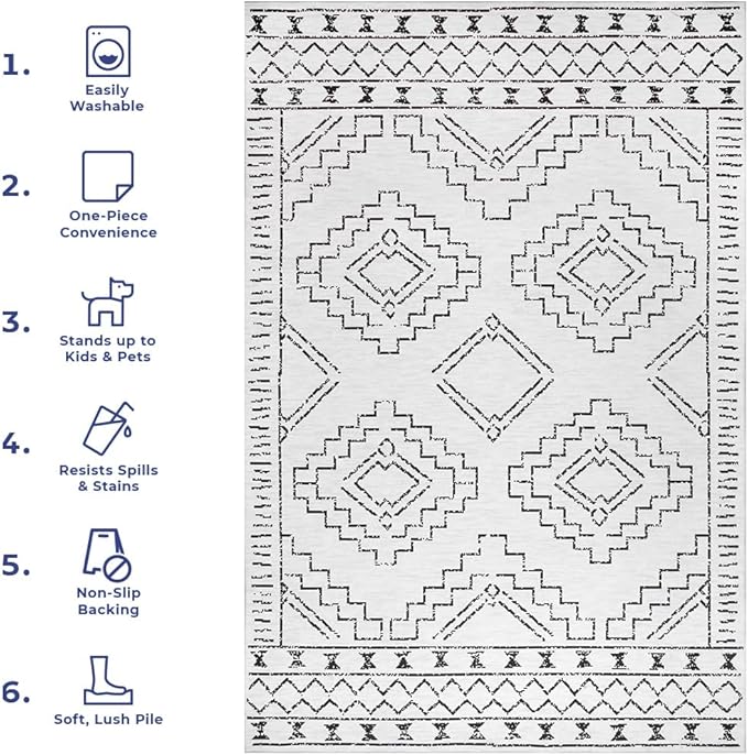 nuLOOM Noa Machine Washable Tribal Moroccan Ultra Thin Area Rug, 4x6, Ivory - LeafyLoom