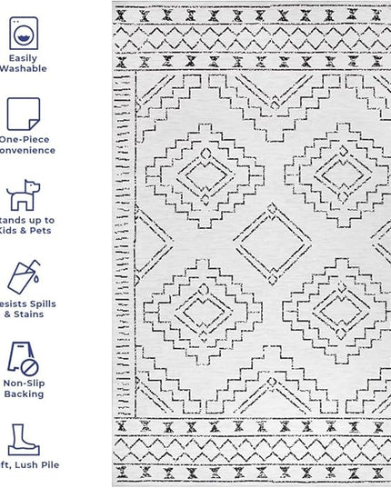 nuLOOM Noa Machine Washable Tribal Moroccan Runner Rug, 2' 6" x 8', Ivory, Rectangular, 0.1" Thick - LeafyLoom