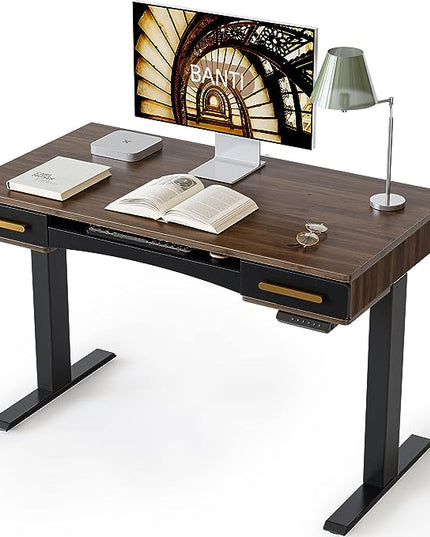 BANTI 48" x 26" Electric Standing Desk, Mid-Century Modern Desk with 3 Drawers, Stand Up Home Office Desks, Vintage Top - LeafyLoom