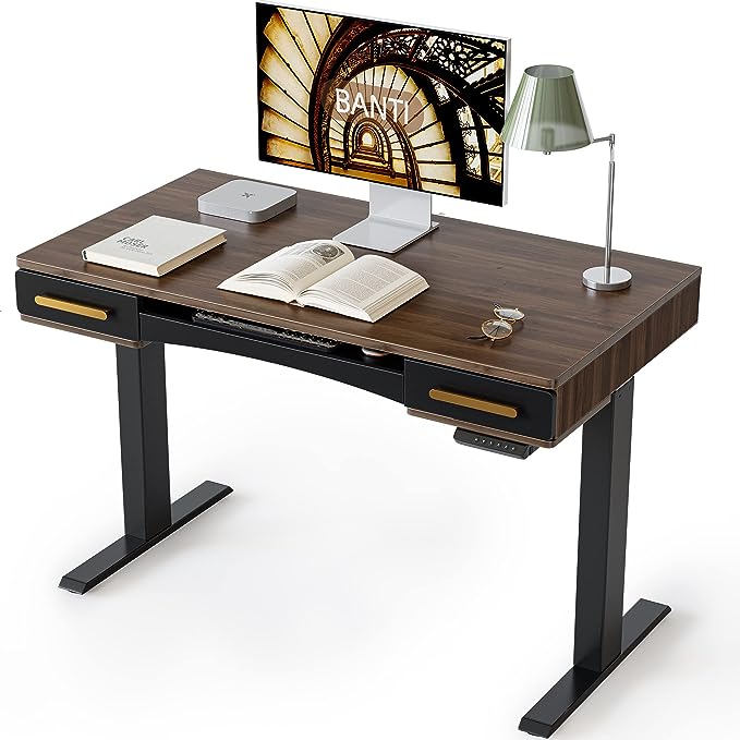 BANTI 48" x 26" Electric Standing Desk, Mid-Century Modern Desk with 3 Drawers, Stand Up Home Office Desks, Vintage Top - LeafyLoom