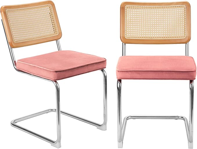 Dining Chair Set of 2, Mid-Century Modern Rattan Dining Chairs with Metal Chrome Legs, Natural Cane Backrest Upholstered for Home Kitchen，Dining Room and Patio, Pink - LeafyLoom