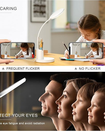 comzler Small Desk Lamp for Kids, LED Desk Lamps with Pen Phone Holder, White Desk Light for Home Office,8W 3 Modes Dimmable LED Desk Light for Kids, Desktop Study Lamps for Bedrooms - LeafyLoom
