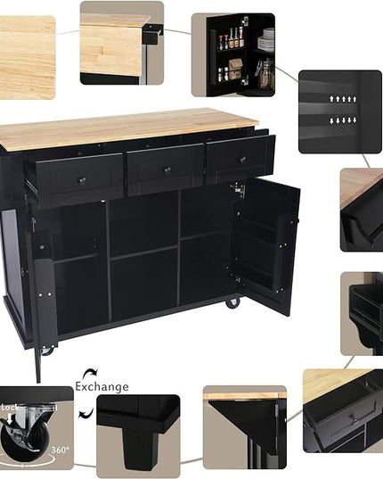 Kitchen Cart with Rubber Wood Drop-Leaf Countertop, Kitchen Island On 5 Wheels with Storage Cabinet, 3 Drawers and Internal Storage Racks, Rolling Mobile Portable Serving Carts (Black) - LeafyLoom
