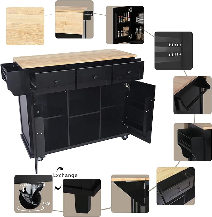 Kitchen Cart with Rubber Wood Drop-Leaf Countertop, Kitchen Island On 5 Wheels with Storage Cabinet, 3 Drawers and Internal Storage Racks, Rolling Mobile Portable Serving Carts (Black) - LeafyLoom