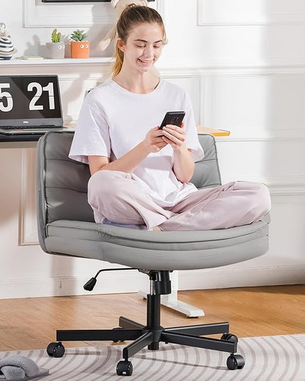 COMHOMA Criss Cross Chair with Wheels, Armless Wide Cross Legged Office Chair Mid Back, Modern Home Office Desk Chair Swivel Adjustable Vanity Computer Chair, Gray - LeafyLoom