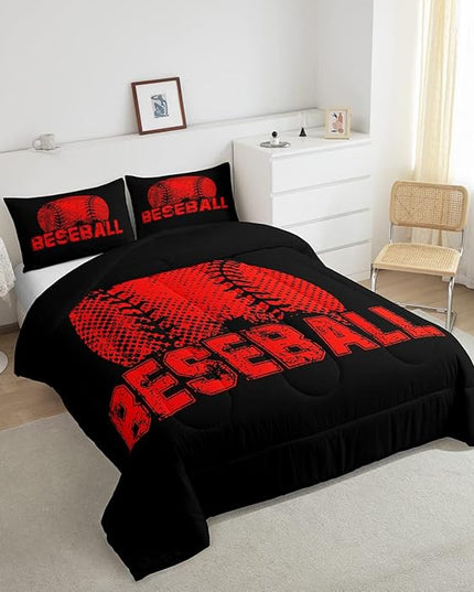 Erosebridal Kids Baseball King Size Bedding Set Red Black Sports Comforter Set for Boys Girls Teen,Reversible Black Quilt Comforter Soft Lightweight for All Season,1 Comforter and 2 Pillow Cases - LeafyLoom