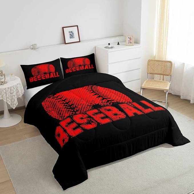 Erosebridal Kids Baseball King Size Bedding Set Red Black Sports Comforter Set for Boys Girls Teen,Reversible Black Quilt Comforter Soft Lightweight for All Season,1 Comforter and 2 Pillow Cases - LeafyLoom