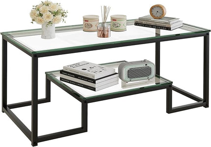 Coffee Table Black Glass Coffee Table for Living Room,2 Tiers Rectangle Center Table with Sturdy Metal Frame,Modern Tempered Glass Accent Table for Bedroom Home Office - LeafyLoom