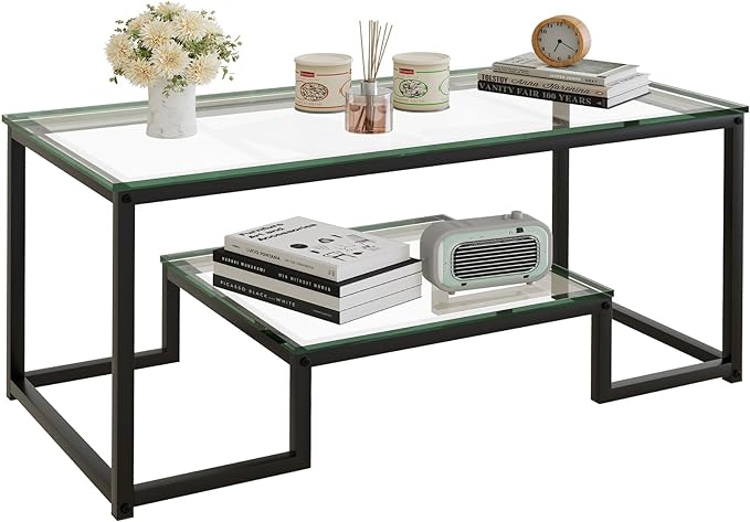 Coffee Table Black Glass Coffee Table for Living Room,2 Tiers Rectangle Center Table with Sturdy Metal Frame,Modern Tempered Glass Accent Table for Bedroom Home Office - LeafyLoom