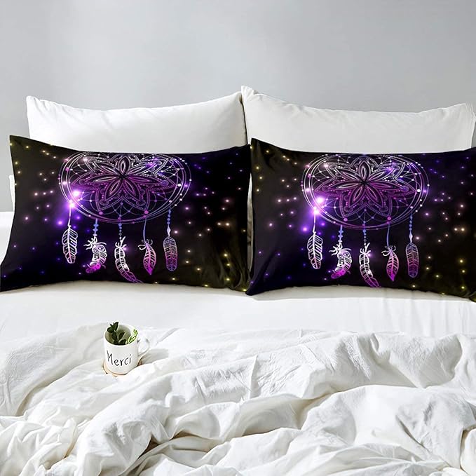 Erosebridal Dream Catcher Feather Comforter Set, Bohemian Mandala Down Comforter King Size for Kids Girls Boys, Starry Sky Galaxy Bedding Set Boho Tie Dye Exotic Flower Quilted Duvet, Purple - LeafyLoom