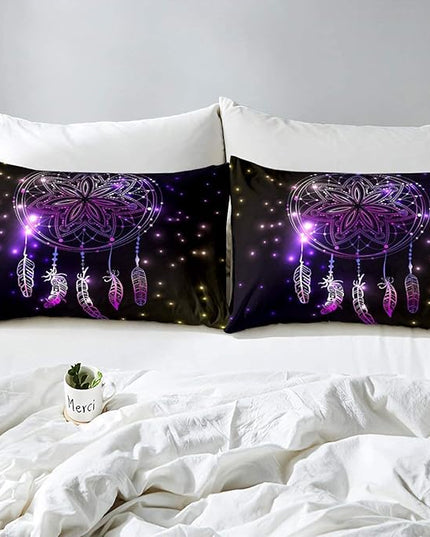 Erosebridal Dream Catcher Feather Comforter Set, Bohemian Mandala Down Comforter Queen Size for Kids Girls Boys, Starry Sky Galaxy Bedding Set Boho Tie Dye Exotic Flower Quilted Duvet, Purple - LeafyLoom