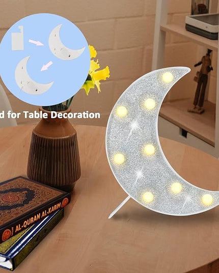 Moon Marquee Lights Ramadan Decoration, Glitter LED Lighted Moon Lamp Bedroom Decoration, Battery Operated Crescent Moon Night Light, Ramadan Mubarak Lights for Home Table Baby Shower Party Decor - LeafyLoom