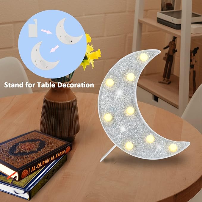 Moon Marquee Lights Ramadan Decoration, Glitter LED Lighted Moon Lamp Bedroom Decoration, Battery Operated Crescent Moon Night Light, Ramadan Mubarak Lights for Home Table Baby Shower Party Decor - LeafyLoom
