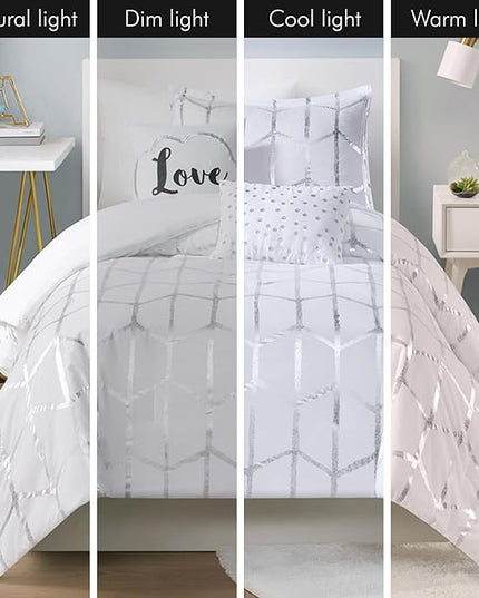 Intelligent Design Raina Twin / Twin XL Comforter Set, Soft Microfiber Comforter Set Twin, Modern Geometric Metallic Bed Set, 4 Pieces College Bedding Comforter Set with 1 Sham, 2 Toss Pillows White - LeafyLoom