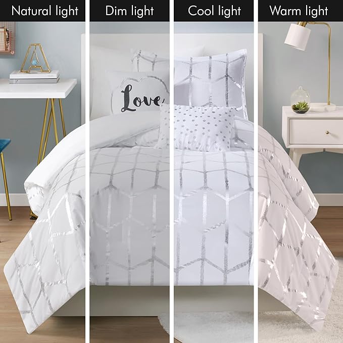 Intelligent Design Raina Twin / Twin XL Comforter Set, Soft Microfiber Comforter Set Twin, Modern Geometric Metallic Bed Set, 4 Pieces College Bedding Comforter Set with 1 Sham, 2 Toss Pillows White - LeafyLoom