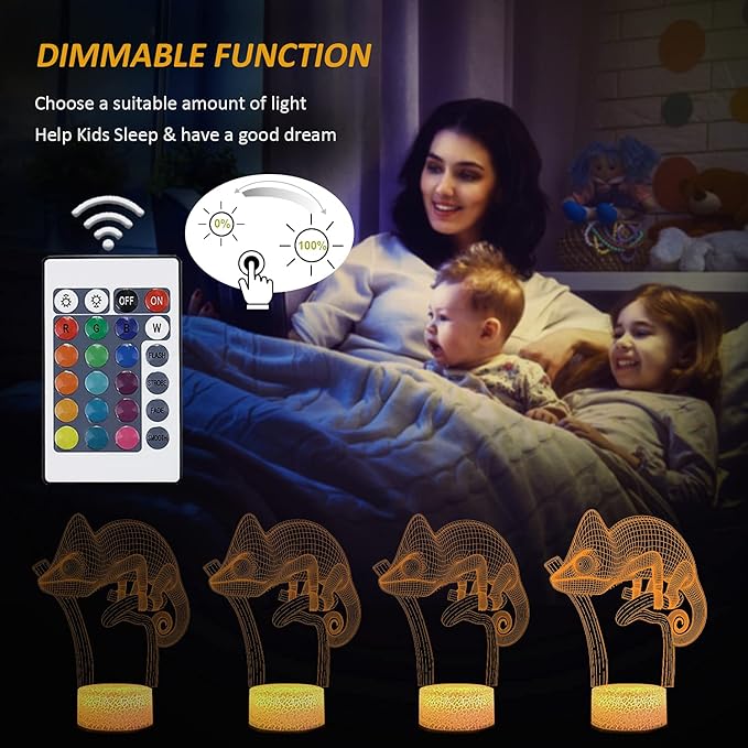 FULLOSUN Chameleon 3D Night Light Lizard Projection LED Lamp Baby Nursery Nightlight for Kids' Room Home Decor Xmas Birthday Gifts with Remote Control 16 Color Changing - LeafyLoom