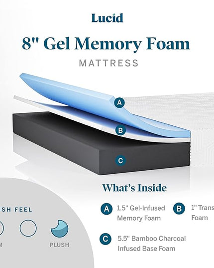 Lucid 8 Inch Twin XL Mattress - Plush Gel Memory Foam Mattress – Bamboo Charcoal Foam –Gel Infused- Hypoallergenic Foam Mattress - LeafyLoom