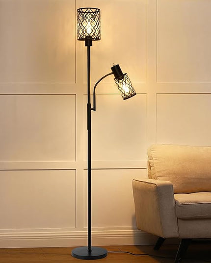 72" Farmhouse Floor Lamps for Living room, Black Floor Lamps with Adjustable Reading Lamp, 2-Light Tall Standing Lamps with 2 Edison Bulbs, Industrial Floor Lamps for Bedroom, Office, 6W, Black - LeafyLoom