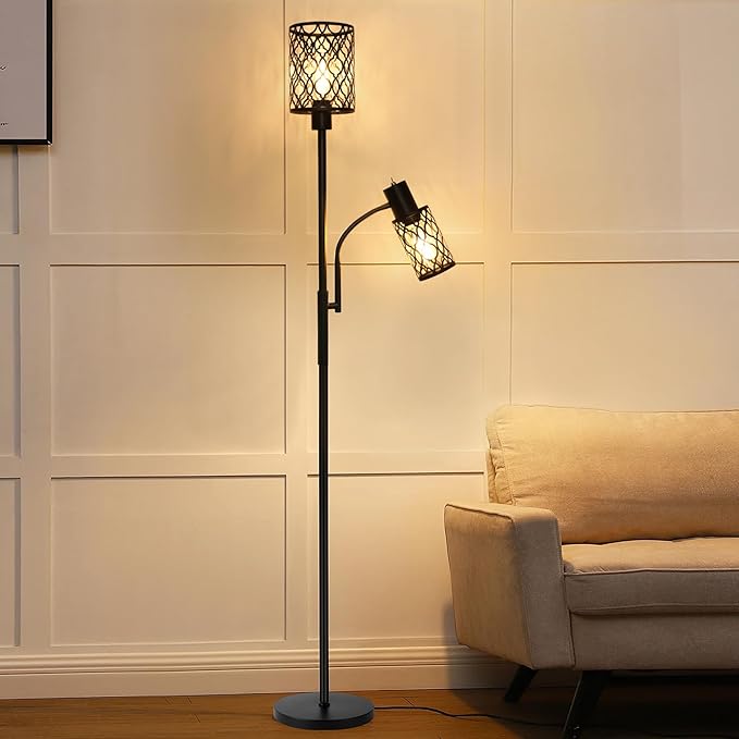 72" Farmhouse Floor Lamps for Living room, Black Floor Lamps with Adjustable Reading Lamp, 2-Light Tall Standing Lamps with 2 Edison Bulbs, Industrial Floor Lamps for Bedroom, Office, 6W, Black - LeafyLoom